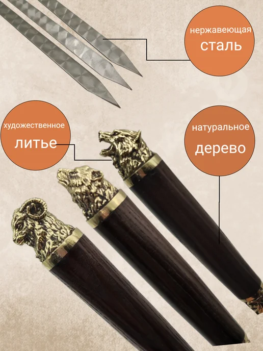 Диковина Арт Шампура для шашлыка с деревянной ручкой, подарочный набор, вариант, фото 2