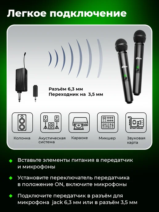 RITMIX Микрофоны беспроводные для караоке профессиональные, черный, в упаковке 550 г, фото 2
