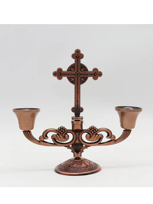 EUCHARIST Подсвечник с крестом 2х-рожковый, металл золото, коричневый, фото 2