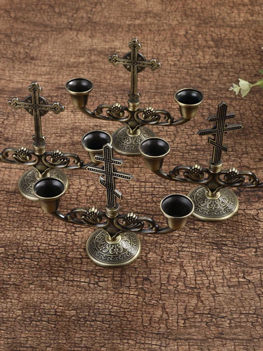 EUCHARIST Подсвечник с крестом 2х-рожковый, металл золото, коричневый, фото 5