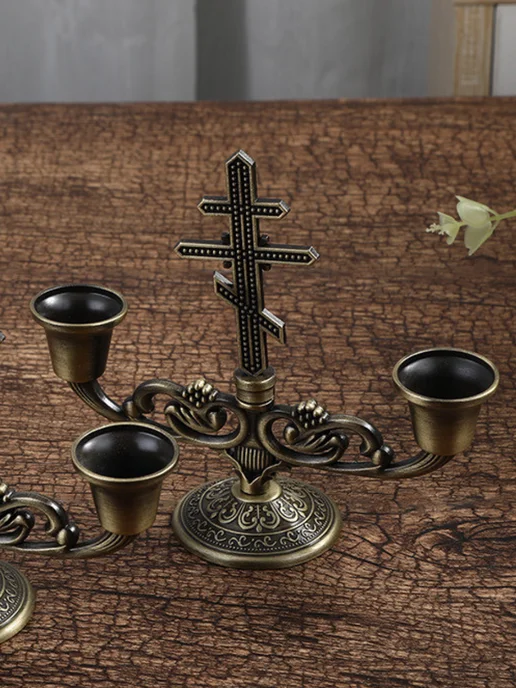 EUCHARIST Подсвечник с крестом 2х-рожковый, металл золото, золотой, фото 2