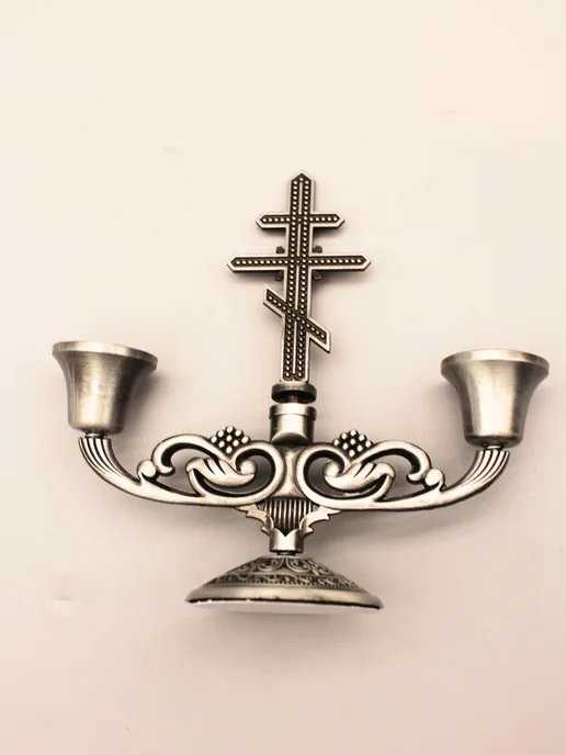 EUCHARIST Подсвечник с крестом 2х-рожковый, металл золото, серебристый, фото 2