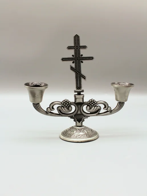 EUCHARIST Подсвечник с крестом 2х-рожковый, металл золото, серебристый, фото 3