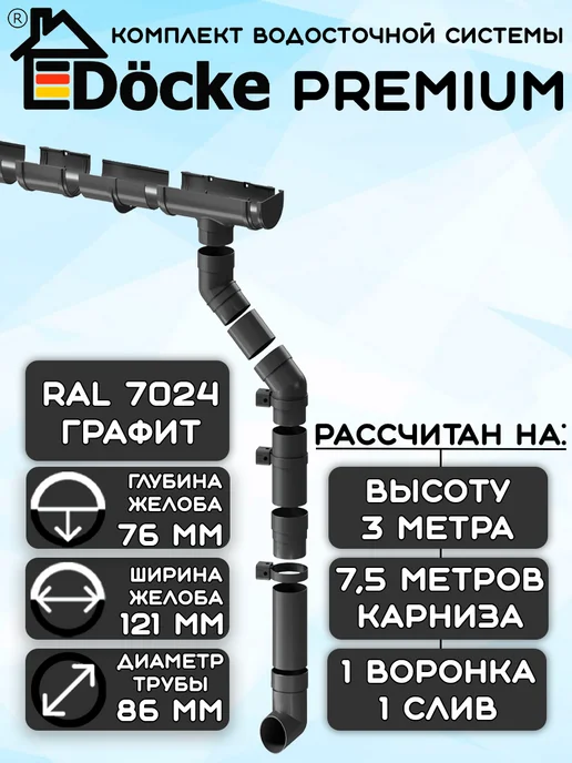 Docke Комплект водосточной системы 6 метров графит Premium, 7,5 м