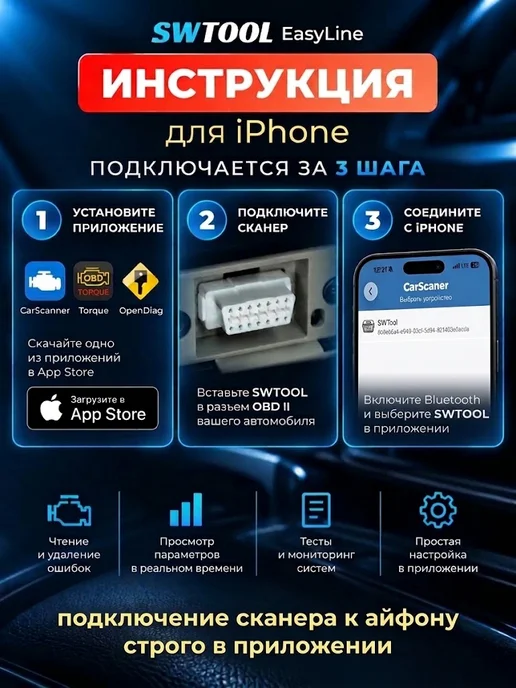 SWTOOL Автосканер для диагностики авто, ELM327 v 1.5 OBD2 1 плата, белый, фото 8
