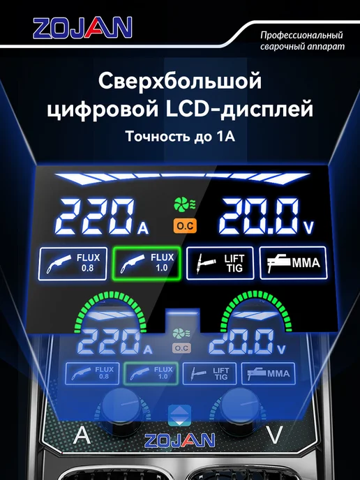 ZOJAN Сварочный полуавтомат MIG-220LCD без газа 3 в 1, инверторный, зеленый, фото 3