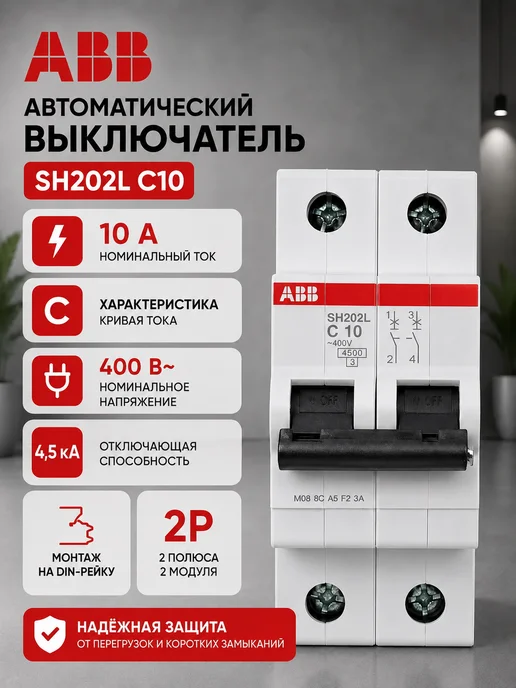 Автоматический выключатель 2P 10А тип С 4,5кА 400В, белый