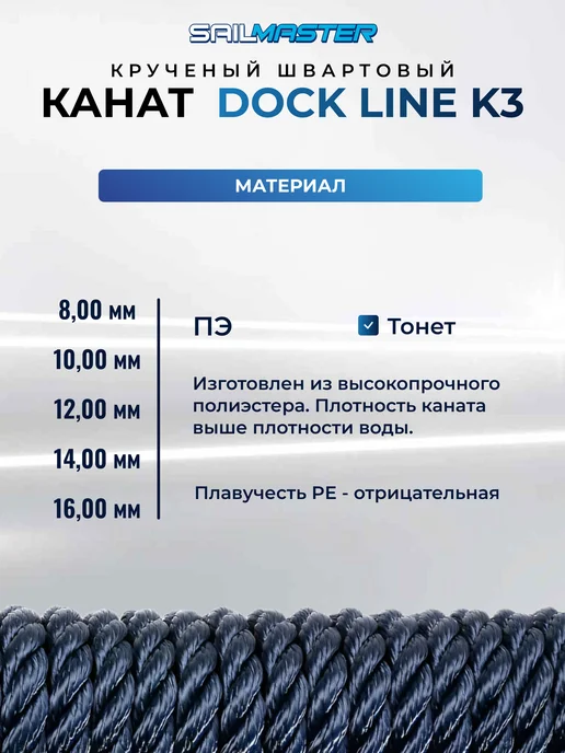SailMaster Швартовый трос (канат крученый) для яхт, катеров и лодок, синий, фото 3