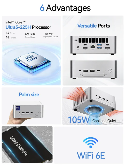 BRENUC Мини-ПК intel Ultra5 225H, 16GB RAM 512GB SSD,mini pc, 16 ГБ, 512 ГБ, фото 8