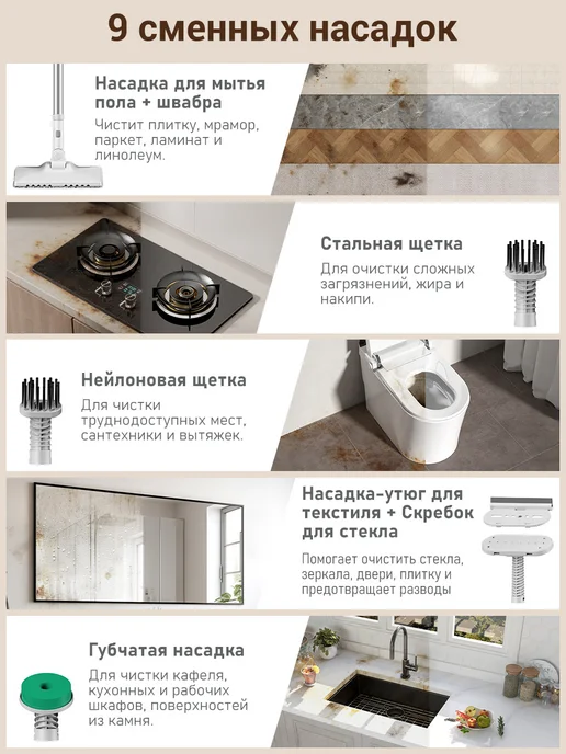 Nowliva Паровая швабра с насадками и пароочистителем для уборки дома, белый, фото 6