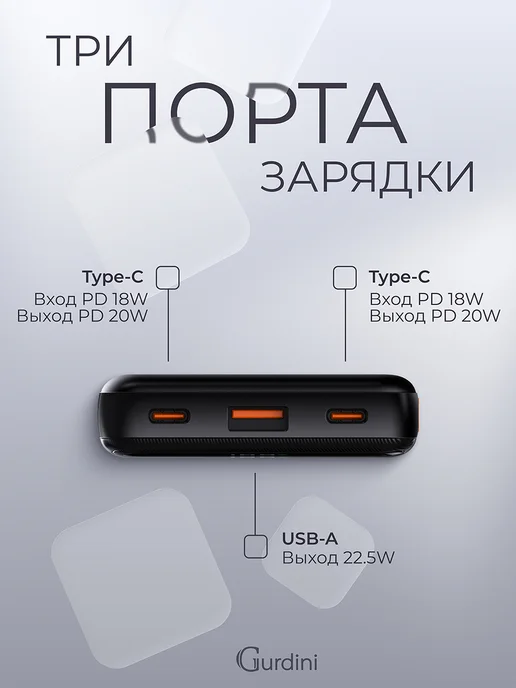 Gurdini Повербанк 10 000 mAh с быстрой зарядкой внешний аккумулятор, 0 мАч, фото 7