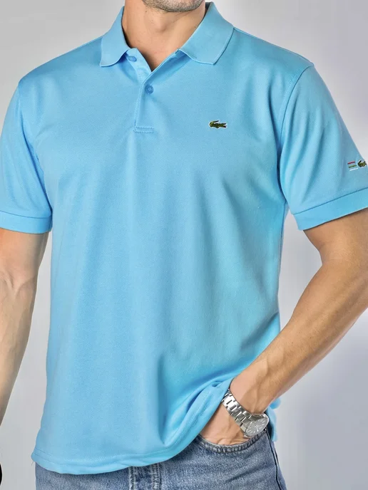 T&H SHOP Футболка поло с коротким рукавом хлопок, голубой, фото 2