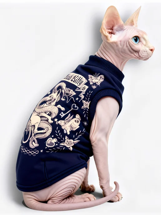ALFAKOT Одежда для кошек. Кофта для сфинксов взрослых теплая, синий, фото 7