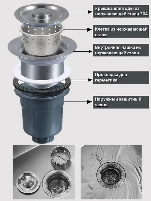 Warwolf Мойка для кухни нержавейка с сифоном600x500mm, серый, фото 6