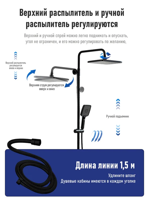 FRUD Душевая система с термостатом и тропическим душем черная 3в1, черный, фото 4