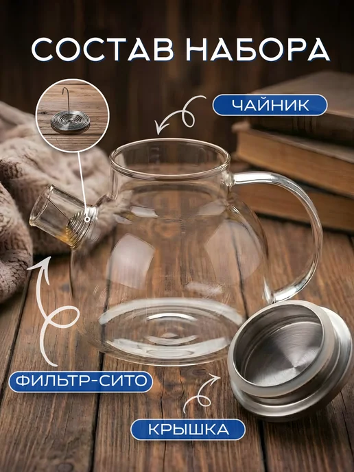 New Way Look Чайник заварочный стеклянный с крышкой и подставкой, крышкой ситечком, фото 2
