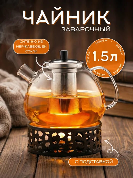 New Way Look Чайник заварочный стеклянный с крышкой и подставкой, крышкой и подставкой