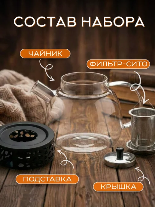 New Way Look Чайник заварочный стеклянный с крышкой и подставкой, крышкой и подставкой, фото 2