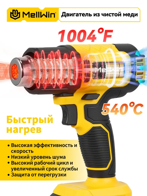 MELLWIN Фен строительный с регулировкой температуры, 4.0Ah АКБ*2шт, 2 шт, фото 6