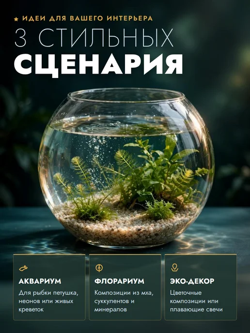 Ms.Octopus Круглый мини аквариум, бокал, ваза для декора, рыбок,6.3 л, 6,3 л, фото 2