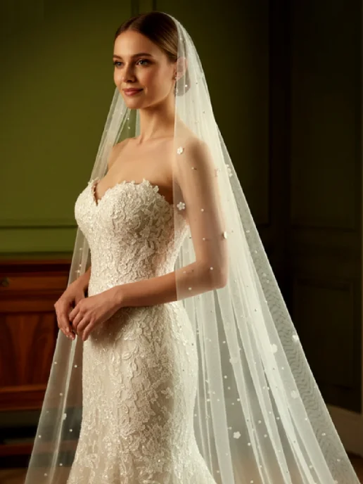 Veil Mix Длинная свадебная фата с 3D аппликацией и жемчужинами, голубой, фото 3