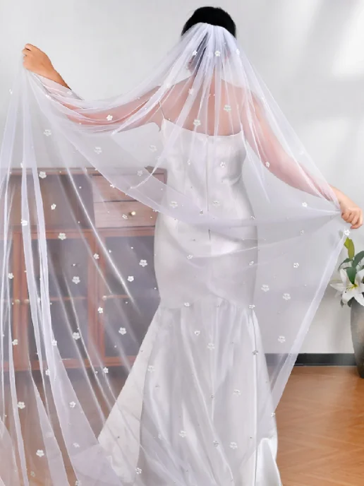 Veil Mix Длинная свадебная фата с 3D аппликацией и жемчужинами, голубой, фото 5