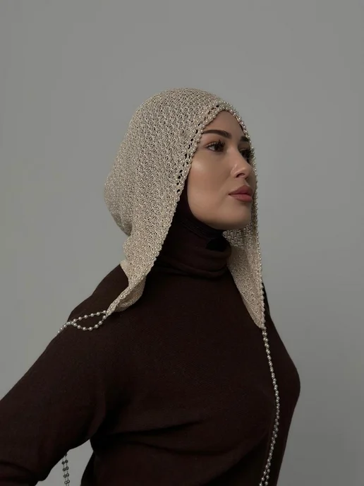 GIGISTORE Капор хиджаб капюшон нарядный с цепью бусами, бежевый, фото 2
