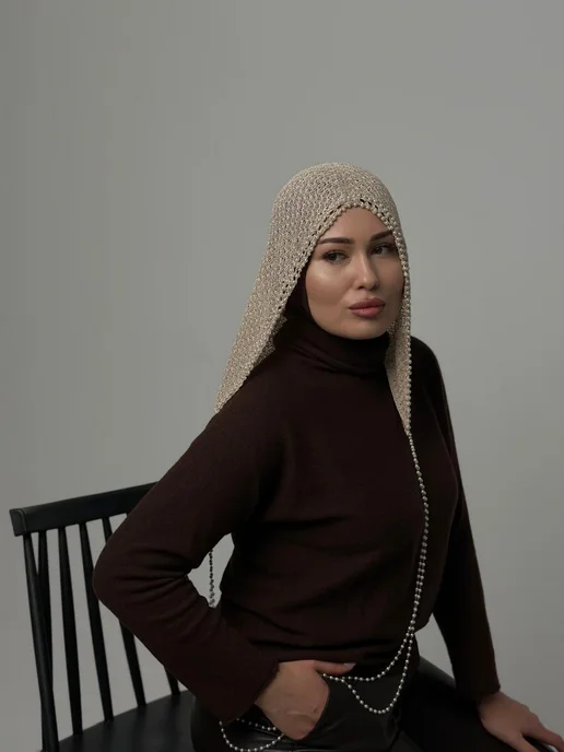 GIGISTORE Капор хиджаб капюшон нарядный с цепью бусами, бежевый, фото 3