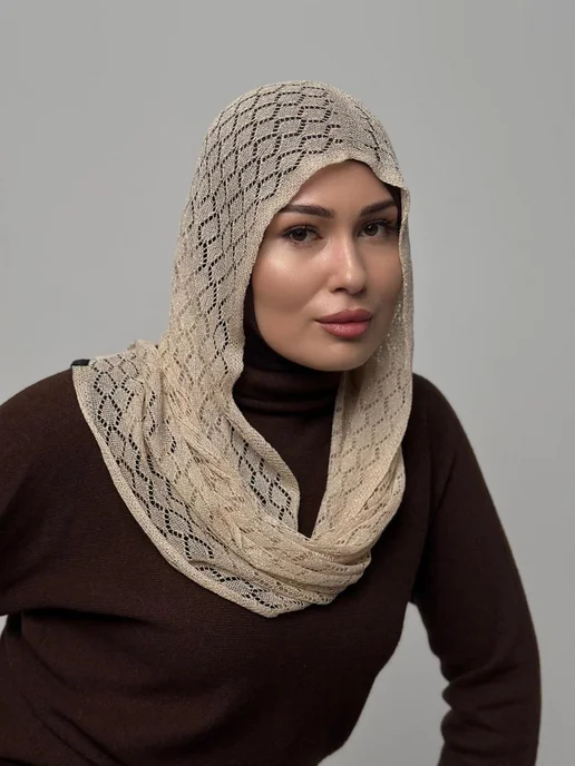 GIGISTORE Капор хиджаб капюшон нарядный в сеточку тонкий, бежевый, фото 2