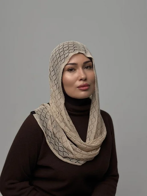 GIGISTORE Капор хиджаб капюшон нарядный в сеточку тонкий, бежевый, фото 4