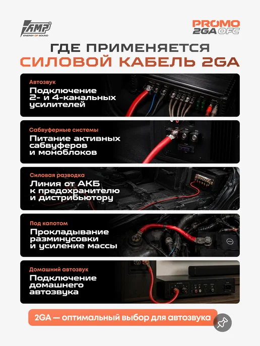 AMP Провод силовой PROMO 2Ga OFC Красный медь 100% 5 м, 5 м, фото 6