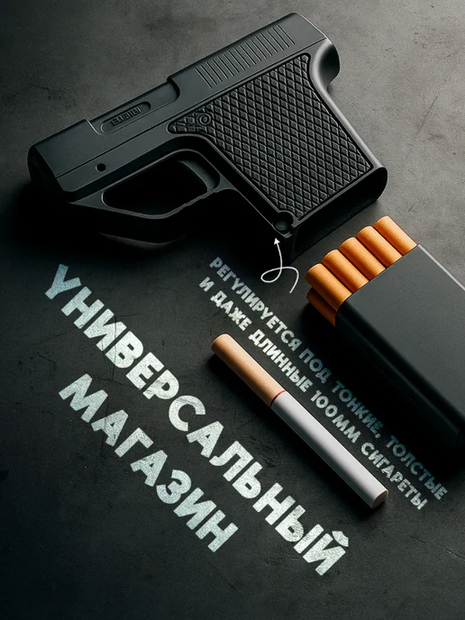 ToP&ChiK Зажигалка пистолет портсигар c большой регулируемой обоймой, черный, фото 2