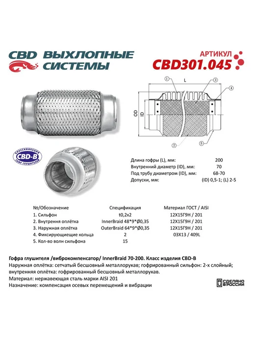 CBD Гофра глушителя 3-сл Innerbraid 70-200. CBD301.045, вариант