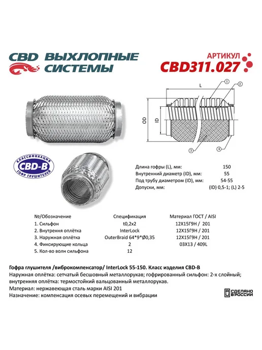 CBD Гофра глушителя 3х-сл InterLock 55-150. CBD311.027, вариант