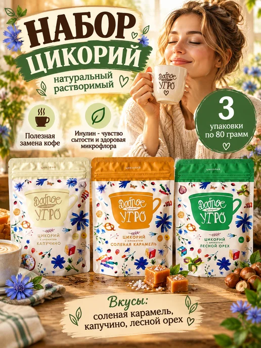 Доброе утро Цикорий растворимый натуральный 5 вкусов 80 гр, 80 г