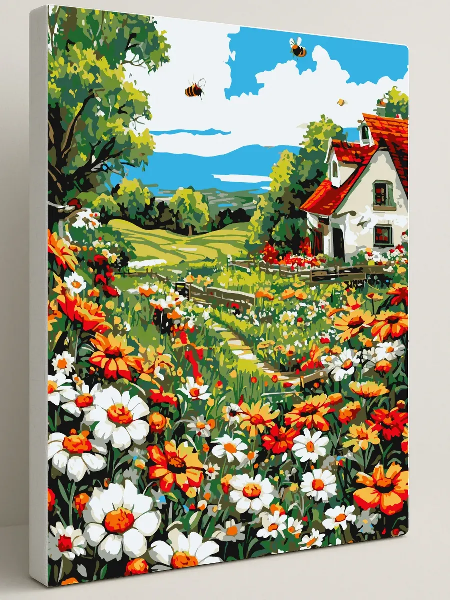 Картина по номерам - Весенний сад с цветами и пчелами — 40×50 см