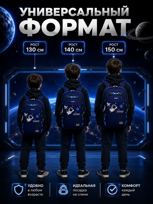 FENG Школьный портфель космонавт для подростка, синий, фото 7