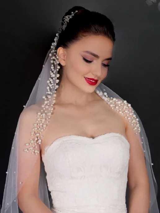 Veil Mix Длинная свадебная фата с жемчужинами, голубой, фото 2