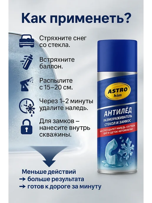 AJ88 Антилёд-размораживатель стёкол и замков авто, 520 мл, фото 2