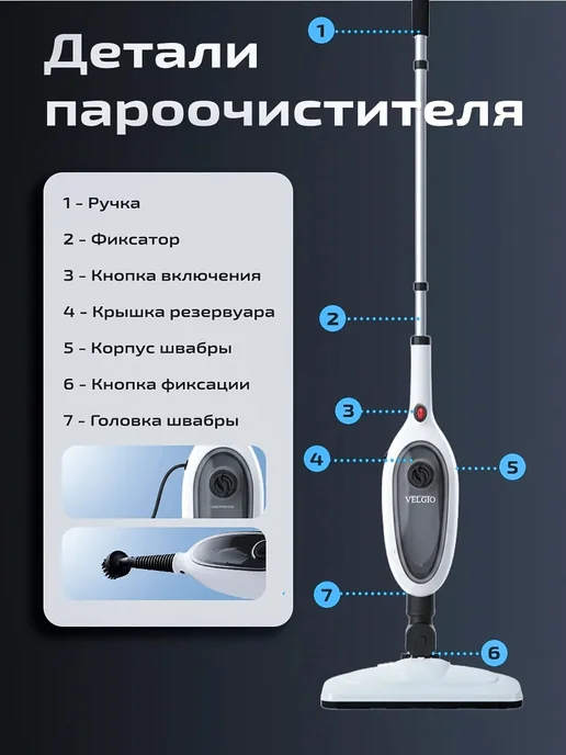 Паровая швабра с насадками для дома, белый, фото 7