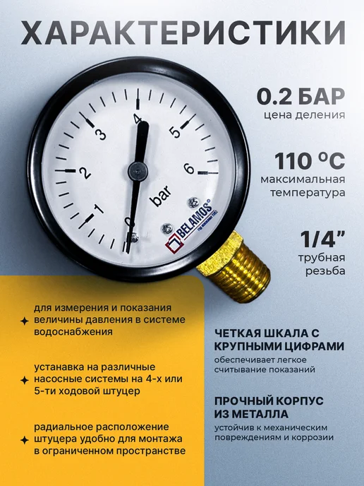 Манометр горизонтальный (50 мм/6 бар) Belamos (Беламос) PGS50 AX 1/4", черный, фото 2