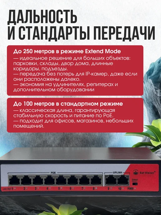 Коммутатор POE 8 + 2 Uplink порта 250 m, 8+2 1000мб, фото 5