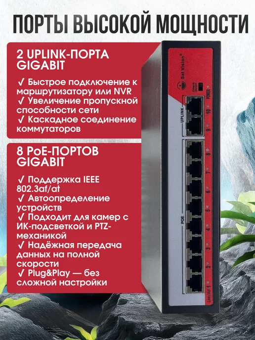 Коммутатор POE 8 + 2 Uplink порта 250 m, 8+2 1000мб, фото 6