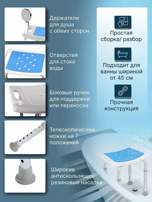 Стул сиденье для ванной и душа для пожилых санитарный Титан, титан, фото 7