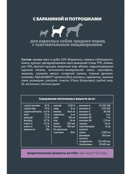 Сухой корм AlphaPet Потрошки для собак, средние, ягненок, 12 кг, фото 3