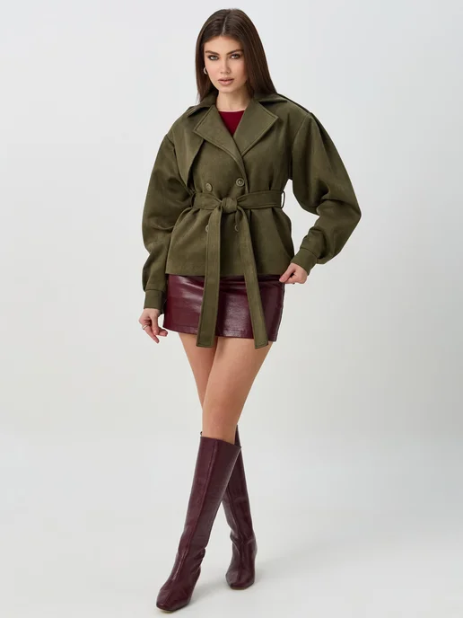 ARVN Тренч замшевый короткий демисезонный, зеленый, фото 2