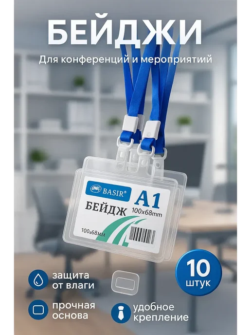 Арууке2 Бейджи на шею A1 прозрачные с лентой, комплект 10 шт, 10 шт, фото 2