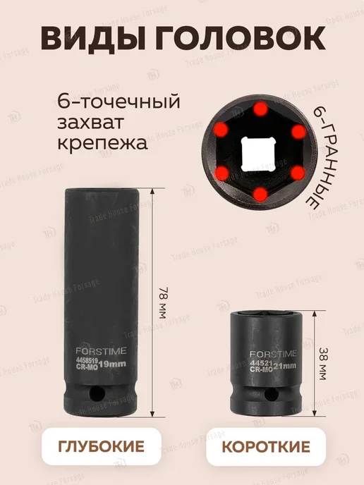FORSTIME Набор ударных 6-гранных головок 1 2", 35 предметов, черный, фото 2