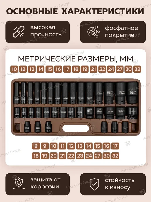 FORSTIME Набор ударных 6-гранных головок 1 2", 35 предметов, черный, фото 3