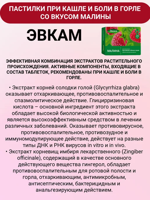 Эвкам Таблетки при кашле и боли в горле со вкусом малины 24 шт 2уп, 24 шт, фото 2